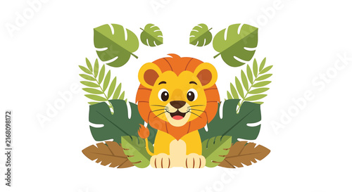 Cute cartoon lion cub illustration with tropical leaves, jungle foliage vector, safari animal baby lion, yellow orange mascot, green monstera palm leaves, flat design