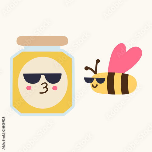 Minimalist cute honey jar and bee characters in sunglasses flat vector illustration cool happy autumn harvest food mascot pair isolated sticker