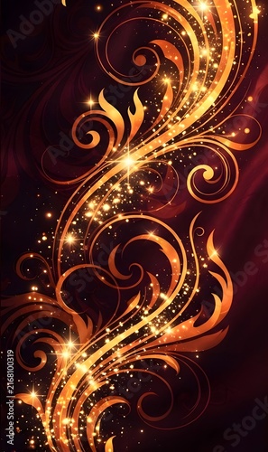Golden floral swirl design with sparkling glitter on a dark red background