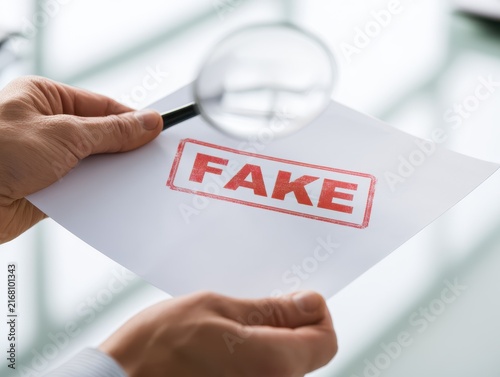 Closeup of hands holding a paper with a red fake stamp, viewed through a magnifying glass, concept of misinformation and factchecking