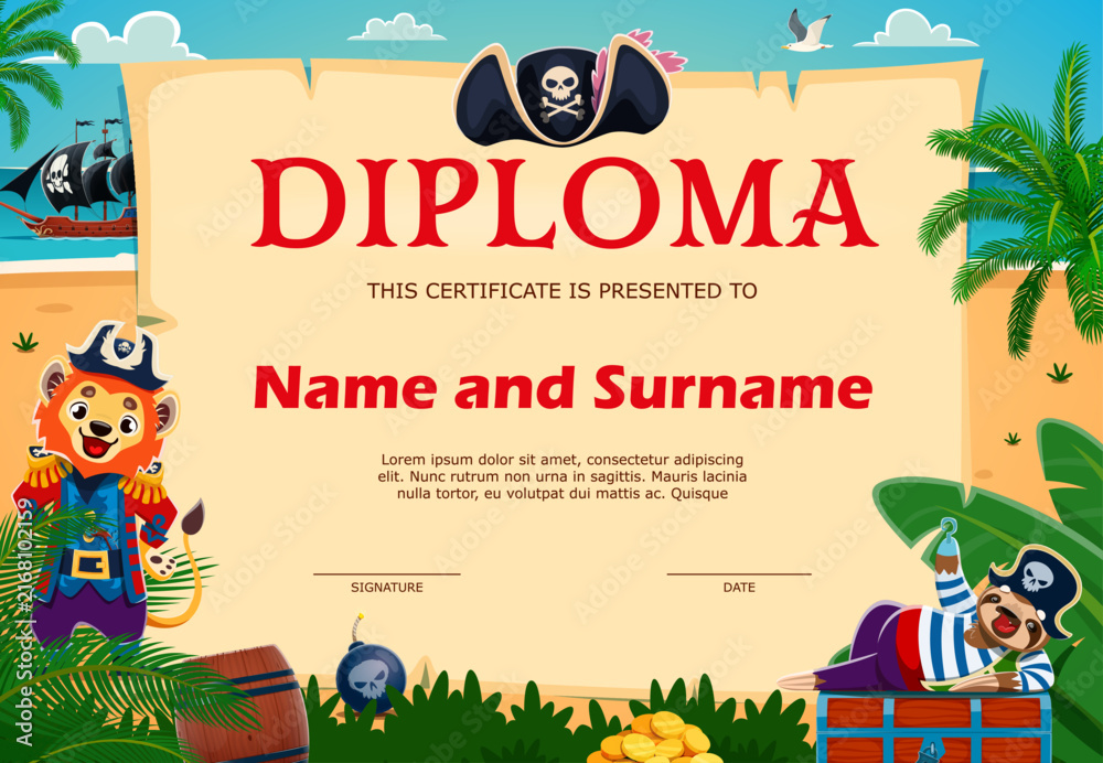 Naklejka premium Kids diploma certificate with cartoon animal pirates at treasure island frame background. Cute lion and sloth pirate characters with corsair sail ship, treasure chest and kids diploma old paper scroll