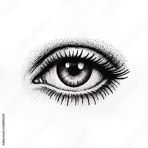 Vintage Stippling Ink Drawing of Human Eye with Long Lashes