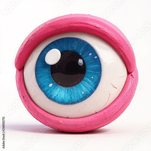 Surreal Pink Plasticine Eyeball Sculpture with Glossy Blue Iris
