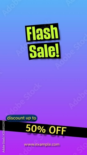 Vertical motion graphic video featuring Flash Sale text, discount up to 50 percent off badge, and website placeholder on a blue purple gradient background. Perfect for social media stories and reels.