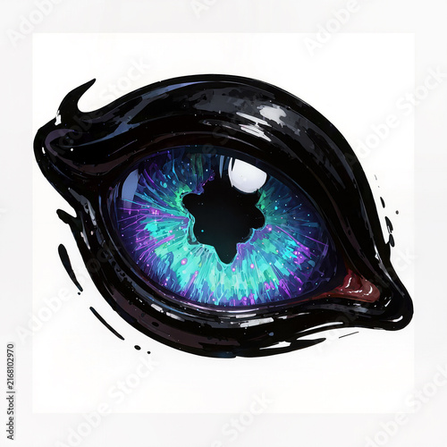Expressive Cosmic Ink Painting of Eye with Glossy Black Shell and Nebula Iris