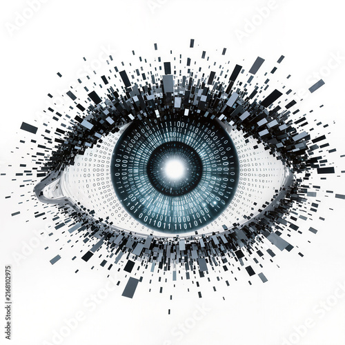Abstract Binary Code Eye with Exploding Digital Pixel Shards