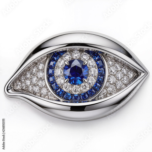 Luxury Platinum Evil Eye Diamond Pendant with Center Blue Sapphire