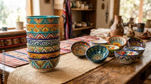 Vibrant Mexican ceramics on wooden table ,Hispanic Heritage Celebration Month, Latino Ctivalultural Festival, Cinco de Mayo, Día de los Muertos, Carnaval, Inti Raymi
