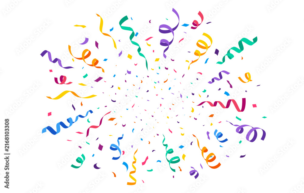 Obraz premium Carnival and birthday party confetti burst, anniversary and fiesta event background. Cartoon confetti explosion with multicolor curly ribbons. Festive celebration graphic for birthday party invitation