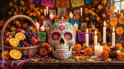 Vibrant Day of Dead altar setup ,Hispanic Heritage Celebration Month, Latino Ctivalultural Festival, Cinco de Mayo, Día de los Muertos, Carnaval, Inti Raymi