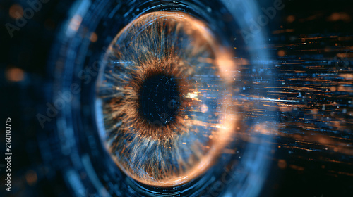 Photography Close-up human eye with futuristic digital iris scan overlay for biometric secur