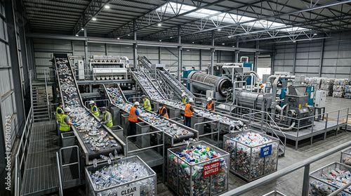 Workers Sorting Plastic Bottles at Recycling Plant