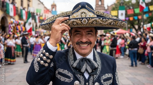 Happy mariachi man in traditional sombrero ,Hispanic Heritage Celebration Month, Latino Ctivalultural Festival, Cinco de Mayo, Día de los Muertos, Carnaval, Inti Raymi
