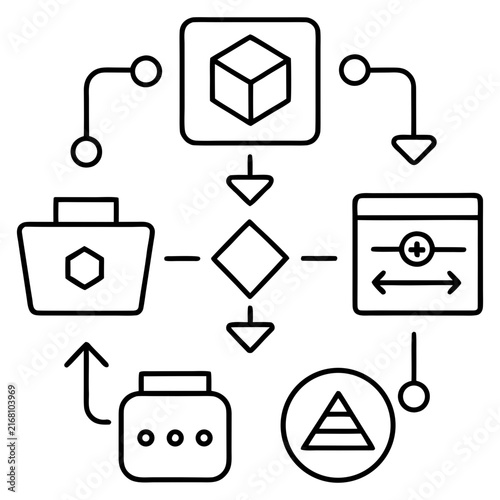 Workflow diagram with connected icons representing data processing and decision making