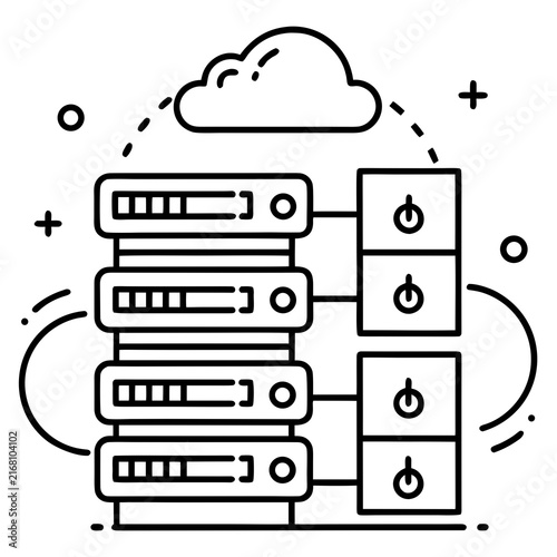 Server infrastructure connected to cloud computing with power buttons illustration