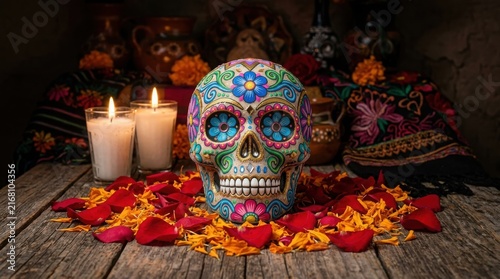 Vibrant Day of Dead altar arrangement ,Hispanic Heritage Celebration Month, Latino Ctivalultural Festival, Cinco de Mayo, Día de los Muertos, Carnaval, Inti Raymi