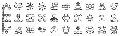 Set of 30 outline icons related to network. Linear icon collection. Editable stroke. Vector illustration