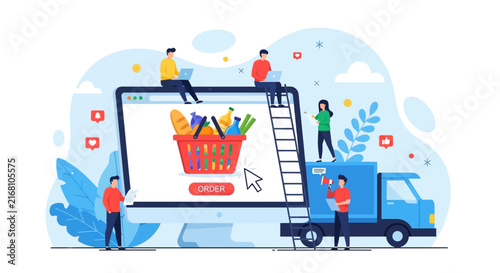 Vibrant flat vector illustration containing stylized human figures, geometric shapes, and bright color palettes for business concept, website design, and marketing material.