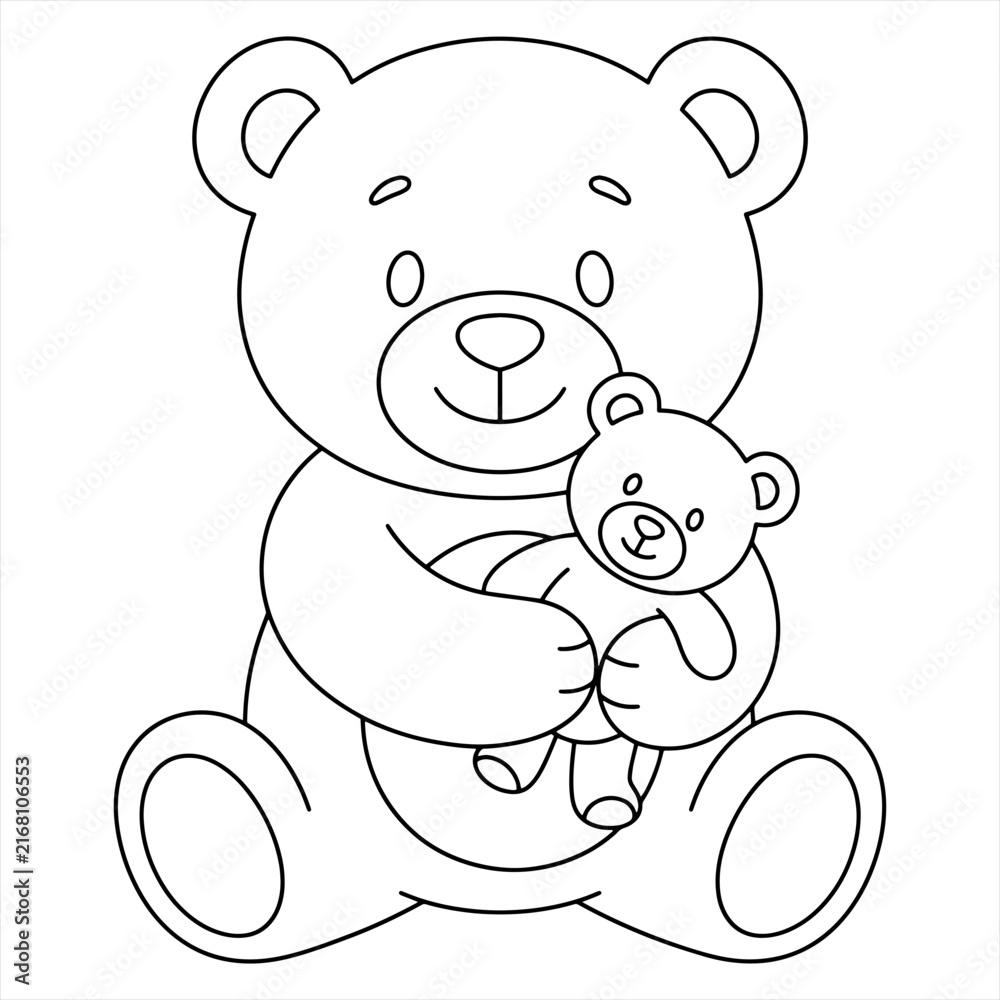 Obraz premium Cute Teddy Bear Hugging a Small Bear Toy Coloring Page Illustration