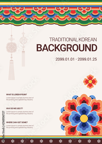 Background featuring traditional Korean patterns. Poster template with the feel of classical Korean art.