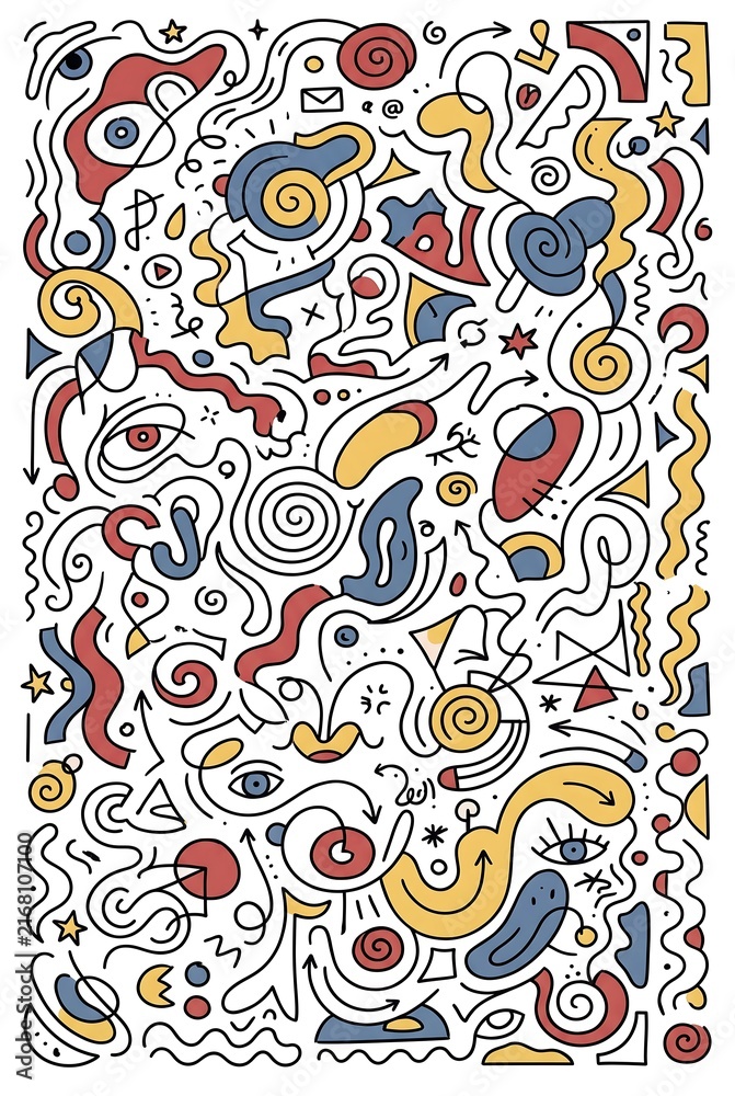 Naklejka premium Abstract Hand-Drawn Doodle Composition A Whimsical Collection of Swirls, Shapes, and Eyes in a Vibrant Palette