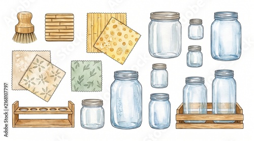 Eco-friendly kitchen essentials, a watercolor illustration set of sustainable home goods. Zero waste lifestyle collection, reusable glass jars, wooden brush