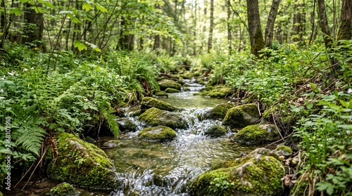 Lush green forest stream with mossy rocks, serene woodland creek in summer, tranquil mountain river flowing through dense foliage