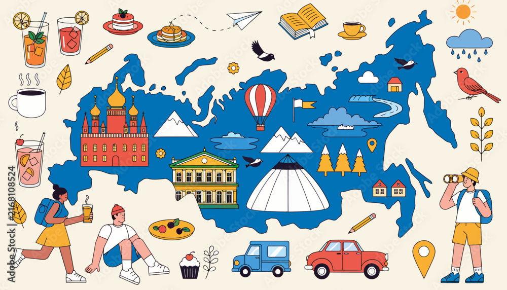 Naklejka premium Russia Travel Icons Map Illustration - Explore Cities, Nature, and Culture