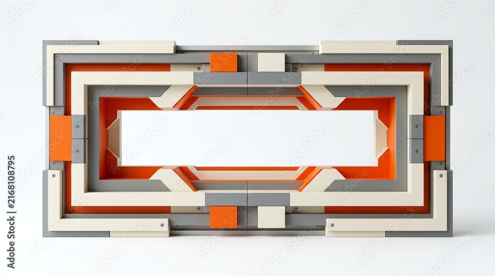 Fototapeta premium Abstract Geometric Frame Made of Interlocking Blocks In Grey White And Bright Orange On White Background