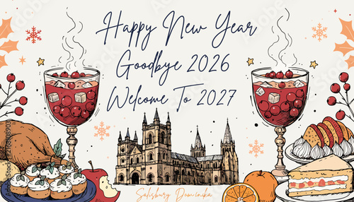Happy New Year 2027 Celebration with Festive Food and Salisbury Cathedral Illustration