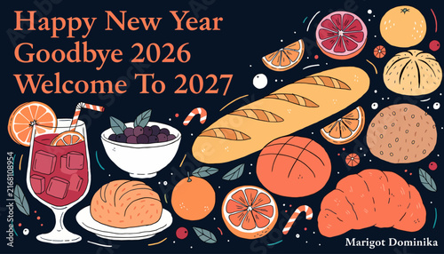 Happy New Year 2027 Celebration with Fruits, Bread, and Drink on Dark Background