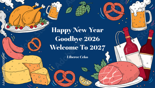 Happy New Year 2027 Celebration with Food, Drinks & Festive Elements