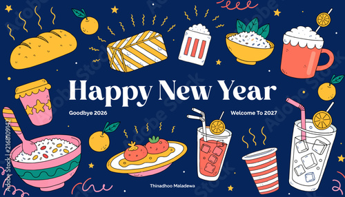 Happy New Year 2027 Party Food and Drinks Celebration Elements on Dark Blue Background