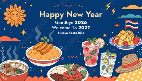Happy New Year 2027 Tropical Fiesta Food Drinks Celebration Nicoya Costa Rica