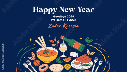 Happy New Year 2027 Zadar Croatia Celebration with Food and Drinks