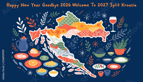 Happy New Year Croatia 2027 Celebration Map Illustration with Food and Drink Elements