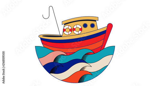 Whimsical Fishing Boat Illustration on Stylized Waves, Nautical, Nautical Adventure, Summer Fun, Marine