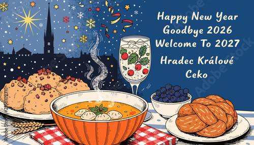 New Year's Eve Celebration in Hradec Kr?lov?: Festive Meal, Drinks, and Cityscape with Fireworks