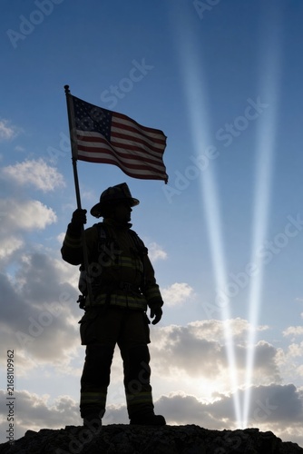 Brave firefighter stands tall, holding American flag against striking beams of light