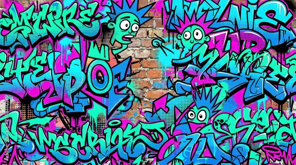 Obraz premium Urban graffiti wall background with pop art elements and bright colors.