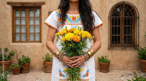 Woman in traditional mexican dress holding flowers ,Hispanic Heritage Celebration Month, Latino Ctivalultural Festival, Cinco de Mayo, Día de los Muertos, Carnaval, Inti Raymi