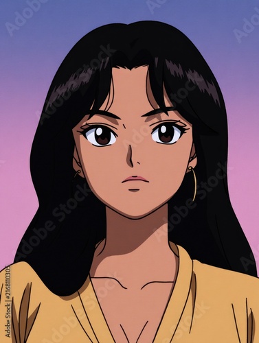 Confident character with long black hair, striking eyes, and soft gradient backdrop.