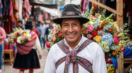 Happy latino man selling flowers market ,Hispanic Heritage Celebration Month, Latino Ctivalultural Festival, Cinco de Mayo, Día de los Muertos, Carnaval, Inti Raymi