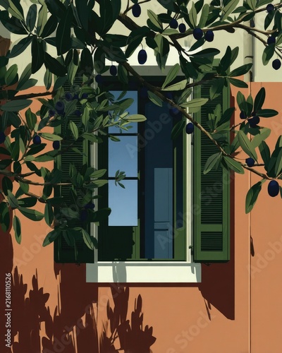 Sunlit window framed by lush olive branches, vibrant colors create serene atmosphere