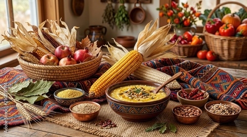 traditional mexican harvest food display ,Hispanic Heritage Celebration Month, Latino Ctivalultural Festival, Cinco de Mayo, Día de los Muertos, Carnaval, Inti Raymi