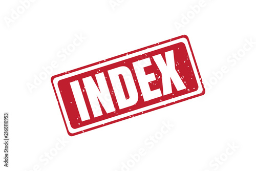 A rectangular red rubber stamp with the word index written in bold white capital letters on a white background, for document organization isolated on a transparent background
