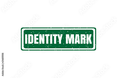A rectangular green rubber stamp with the words identity mark written in bold white capital letters on a white background, for verification isolated on a transparent background