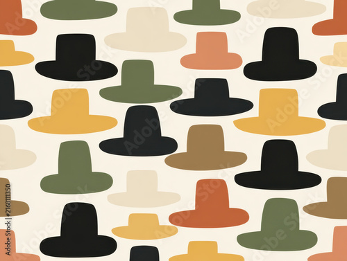 Abstract pattern of hat silhouette in retro color palette, seamless background design with flat shape and minimal graphic style