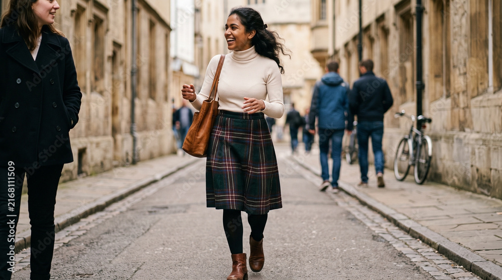 Obraz premium Woman wearing plaid skirt and turtleneck top walking on city street, casual urban fashion and everyday lifestyle 
