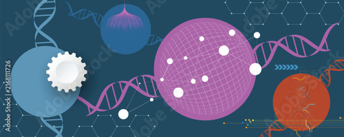 Futuristic science background, DNA strands, connected neural web